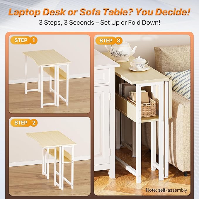 Huuger Folding Desk with Storage Shelf, 31.5 Inch Foldable Computer Table | Writing Work Office Computer Desk for Small Spaces, Space Saving Sofa Table for Couch, Easy to Fold, Oak - Image 4