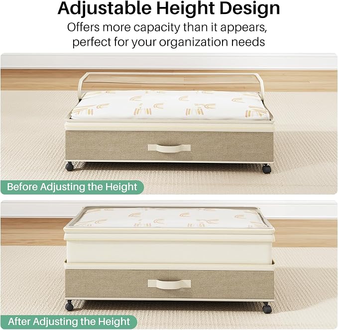 Kitstorack 4 Pack Height-adjustable Under Bed Storage with Wheels, Under Bed Storage Containers,Under Bed Shoe Storage Organizer with Clear Window&Label, Suitable for Clothes Storage, Beige & Linen - Image 7