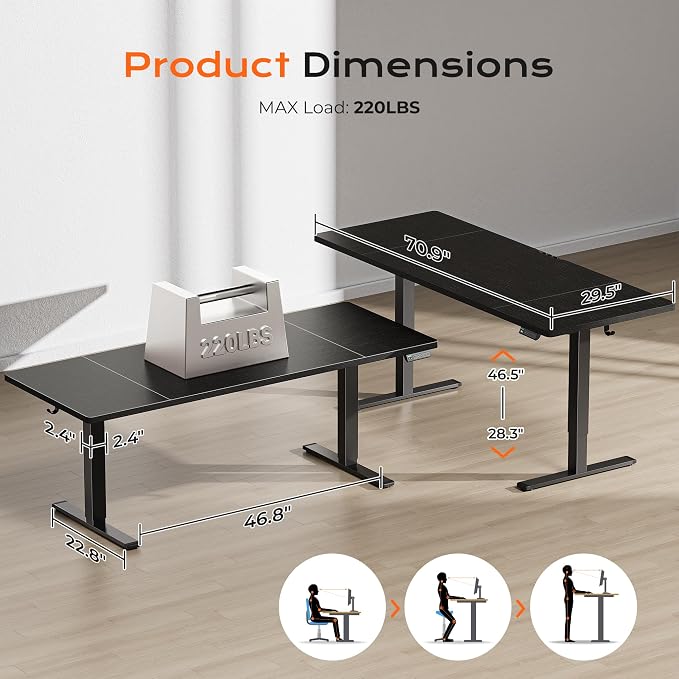 Huuger 71 x 30 Large Electric Standing Desk, Height Adjustable Computer Desk, 29.5" Deep Desktop, Stand up Gaming Office Table with 2 Hooks, 3 Preset Heights, for Home Office, Black - Image 2
