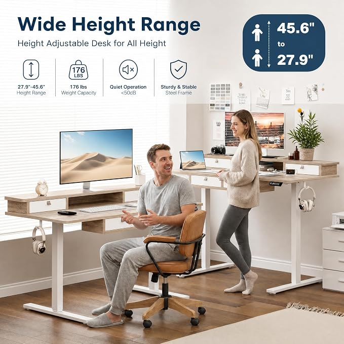 Grandder Electric Standing Desk with Four Drawers, Sit to Stand Up Height Adjustable Desk with Storage Shelf for Home Office, 47 * 28 Inch, Study, Ergonomic Adjustable Computer Desk, Maple - Image 3