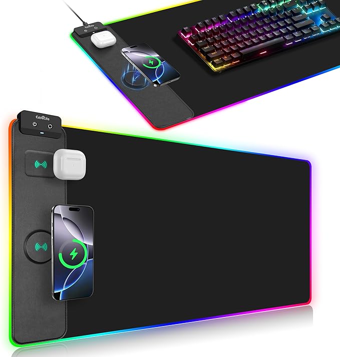 Wireless Charging Mouse Pad, RGB Gaming Desk Mat, 31.5"x15.7" | Large Desk Pad, 13 Light Modes, Ultra-Smooth Surface, Non-Slip Base, Waterproof Computer Keyboard Mat for PC, Laptop, Black by ExtreLife