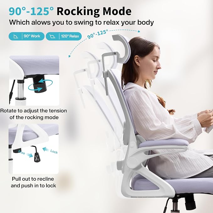 Ergonomic Office Chair,Mesh Office Chair with Lumbar Support,High Back Desk Chair with Flip-up Arms,400 lbs Big and Tall Computer Chair with Headrest,Comfy Desk Chairs (Lavender) - Image 5