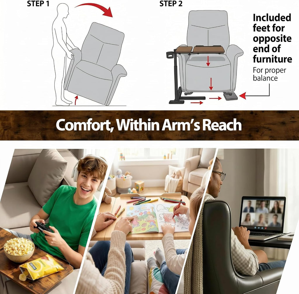 Swivel Table for Recliner Chair with Tilting Top, Adjustable Laptop Side Table for OverCouch & Sofa, Slide Under Tray Tables for Eating & Reading, Armchair Desk (Rustic Brown) - Image 6