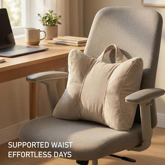 Back Support Cushion for Office Chair and Car Seat, Warm Beige | Ergonomic lumbar support cushion with a removable, washable corduroy cover for comfortable sitting on sofas and recliners - Image 2
