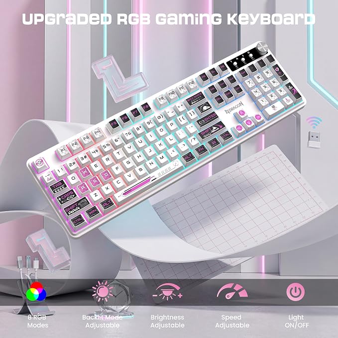 Redragon RM104 Wireless Keyboard with Knob, Tri-Mode BT/2.4G RGB Computer Keyboards, 4000mAh Battery, Programmable Software Support, Anti-Ghosting, Compatible with PC Mac - Pink & White - Image 6