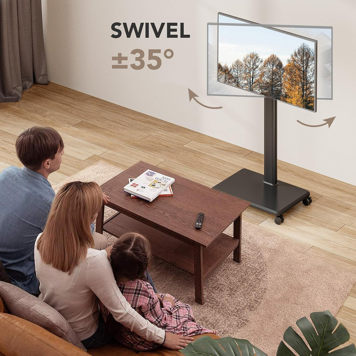 Universal Floor TV Stand, Portable Rolling Floor TV Mount with Wheels, 80 Degree Swivel Height Adjustable for 27 to 65 Inch LCD LED OLED, Holds up to 88 lbs Mobile TV Cart, Max VESA 400x400mm - Image 2