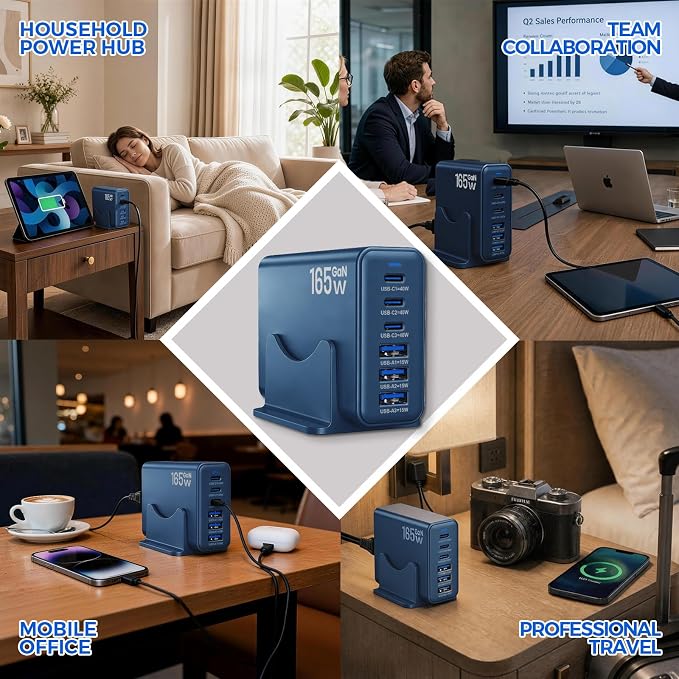165W GaN Charging Station, 6-Port USB C & USB A Charger, Navy Blue | 165W GaN, 6-Port USB Charging Station, 3x40W USB-C + 3x15W USB-A, ABS+PC, Charge 6 Devices, Home Office Travel - Image 4