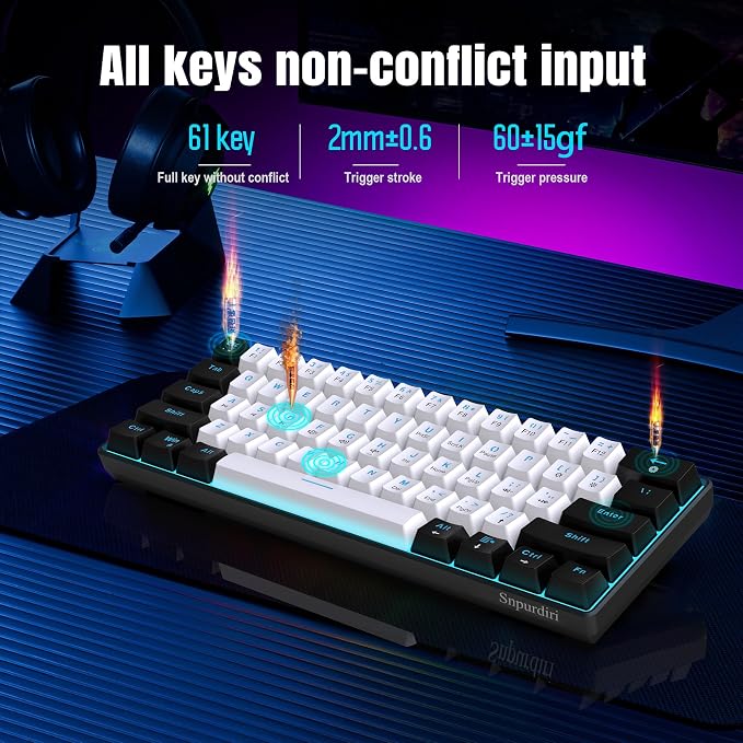Snpurdiri 60% Wired Mechanical Gaming Keyboard (Black-White, Blue Switches) | Ice Blue LED Backlit 61 Keys Mini Wired Office Keyboard for Windows Laptop PC Mac - Image 6