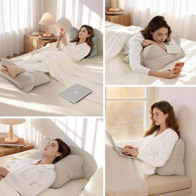 Pat. Pend. Corduroy Lumbar Support Back Pillow for Watching TV, Reading & Gaming, Ergonomic Triangle Support Cushion for Sofa, Armchair & Bed Sitting, Removable Washable Cover, Beige Gray - Image 7