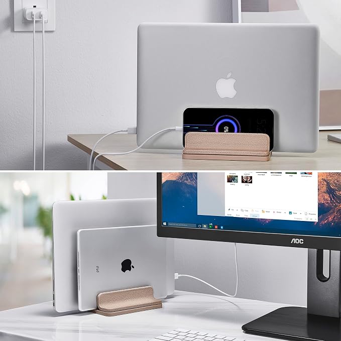 Leather Vertical Laptop Stand,Dual Laptop Holder Stand,Laptop Organizer with Adjustable Dock (18-26mm/0.7-1 in) for All MacBook/Tablet/Surface/Dell/iPad (Apricot) - Image 7