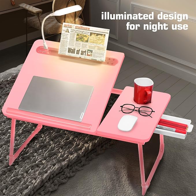 CloudTrip Plus XL Adjustable 17in Laptop Desk with Light, USB Port, iPad Holder, Drawer Storage - Larger 23.6IN Adjustable Lap Desk for Bed, Home Office, Breakfast Tray, Fordable Legs Desk (Pink) - Image 2