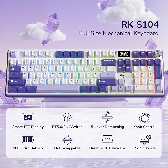 RK ROYAL KLUDGE S104 Wireless Mechanical Keyboard with Screen & Metal Knob | Full Size Gaming Keyboard with 8000mAh Battery, RGB Backlit Hot Swappable Pre-lubed Switches, Creamy Sound Computer Keyboards - Image 2