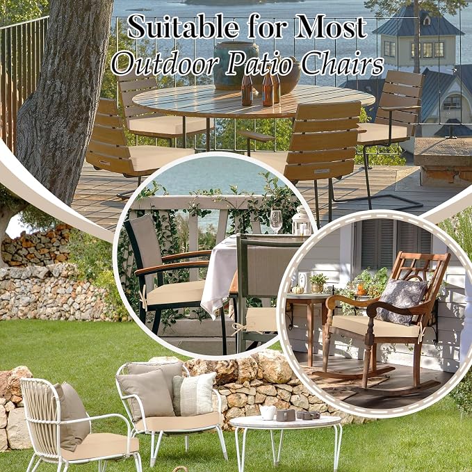 Basic Beyond Outdoor Chair Cushions for Patio Furniture, Waterproof Outdoor Seat Cushions Set of 4 19 x 19, Patio Chair Cushions Set of 4 with Ties and Handle, Beige White - Image 9