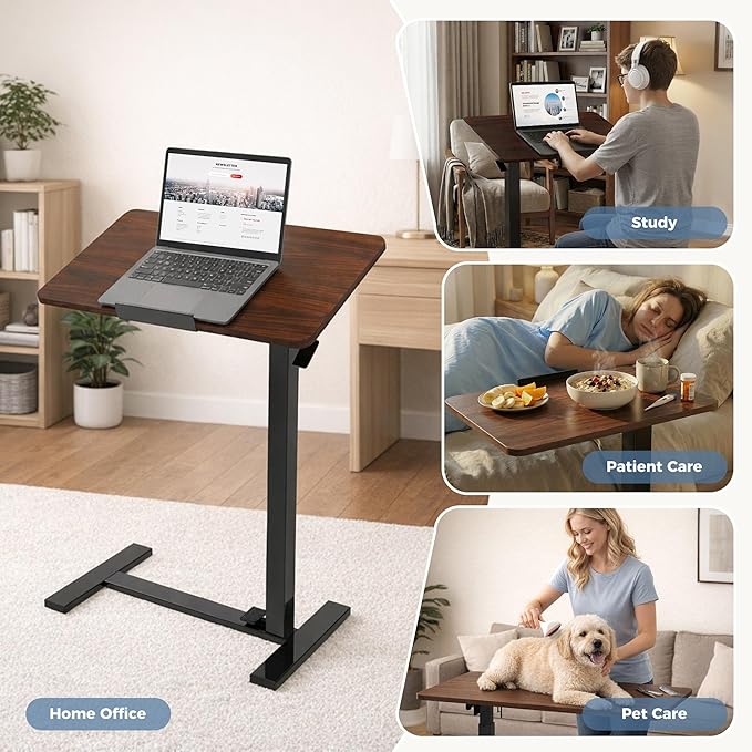 DUMOS Rolling Desk, Laptop Desk, Overbed Table with Wheels | Mobile Overbed Bedside, Portable Computer Workstation, Bed Sofa Couch, Adjustable Height, Chocolate - Image 4