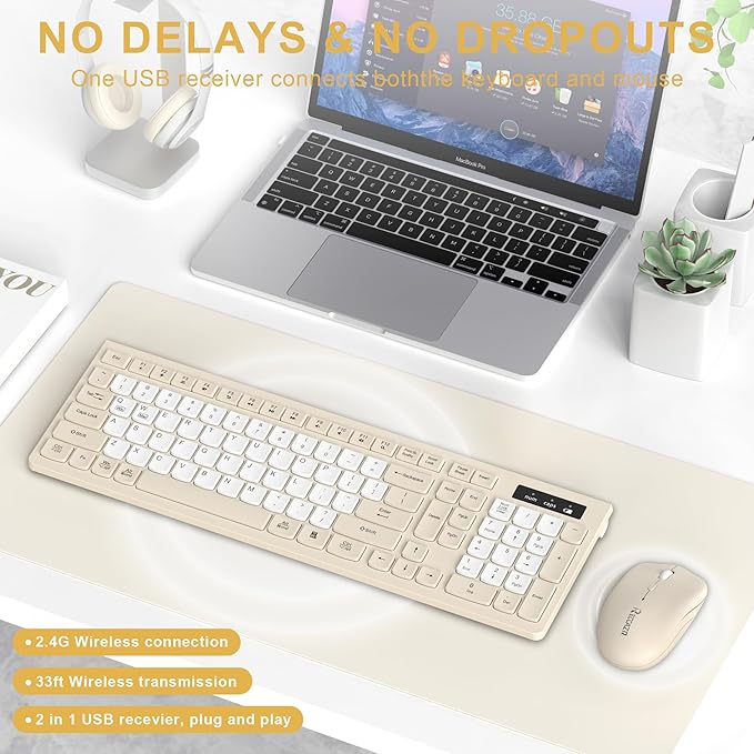 Wireless Keyboard and Mouse Combo Silent for Office and Home(Latte Color-B) | 2.4G Full Size Silent Cordless Keyboard with Tilt Legs,3-Level DPI Quiet Mouse,for Windows/Mac OS/Desktop/Laptop/PC - Image 2