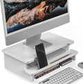 16.5” Bamboo Monitor Stand with Phone & Tablet Holder Desk Shelf | Monitor Riser for 36-48 Inch Desk Cozy Computer Setup Workplace Organizer Keyboard Storage Compact Ergonomic White by WELLWENG