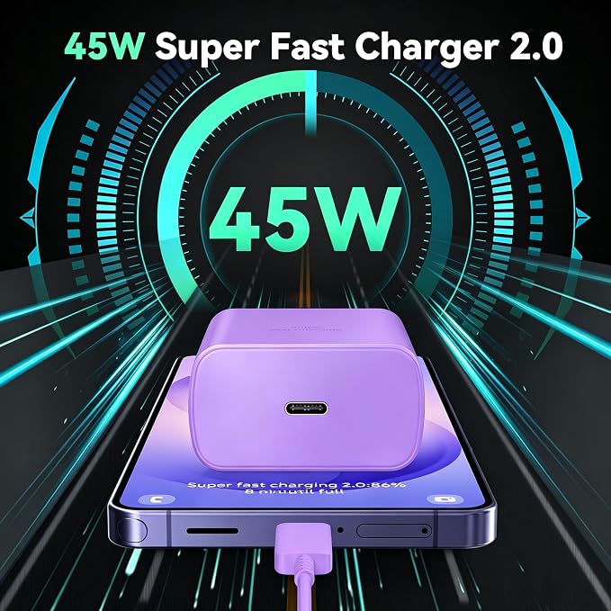 45W Super Fast Charger USB C Android Phone Type C Charger Fast Charging Block with 6.6FT Cord for Samsung Galaxy S26/S26 Ultra/S26+/S25 Ultra/S25/S24 Ultra/S24/S23 Ultra/S22/S21/S20/Note 10, Purple - Image 6