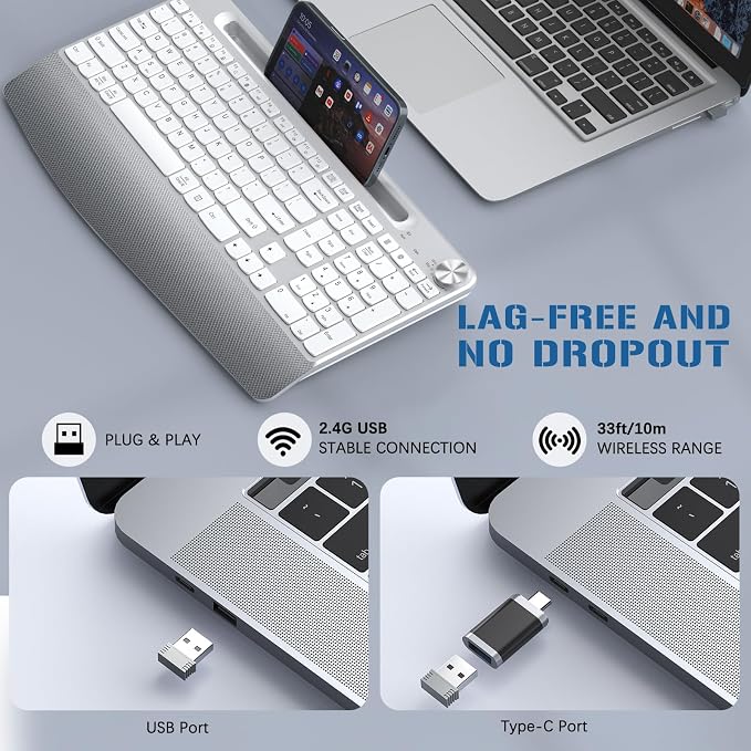 JOYACCESS Ergonomic Wireless Keyboard, 2.4GHz Cordless USB Full-Size Keyboard with Wrist Rest, Quiet Design & Numeric Keypad, Phone Holder for Desktop, Laptop, PC, Mac, Windows -Silver White - Image 5