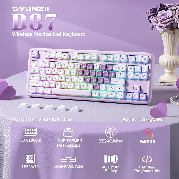 YUNZII B87 TKL Wireless Mechanical Keyboard (Purple Heart, MilkV2) | QMK/VIA, Wrist Rest, CreamyTyping, Cute MOA Keycaps, Gasket Mount, Hot Swap, RGB Backlit, NKRO, BT/2.4G/USB-C, for Win/Mac - Image 2