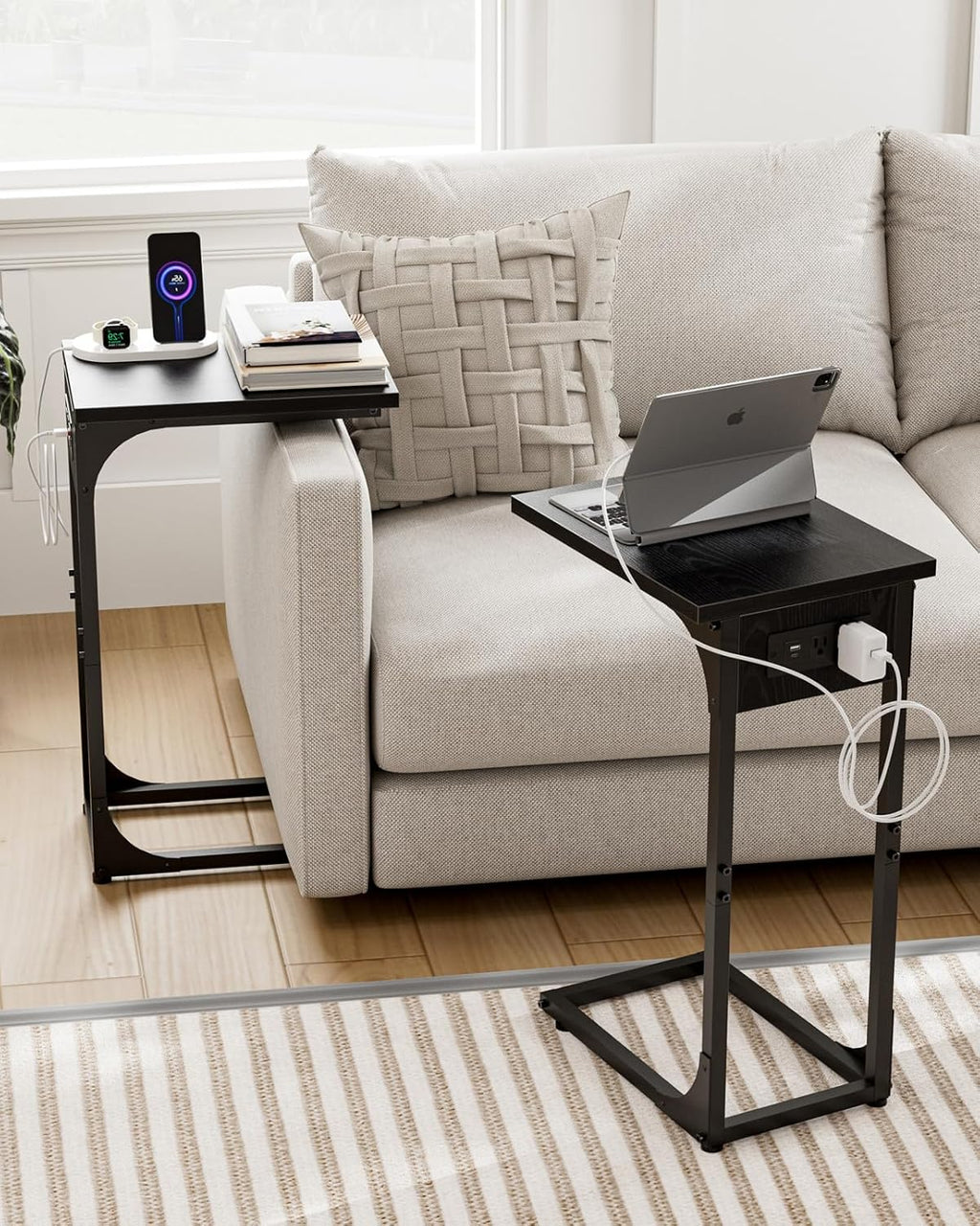 C-Shaped Side Table for Couch - Small Coffee Stand Sofa Tray Desk with Metal Frame Waterproof Scratch Resistant Wood Top and Built-in Charging Station, Black - Image 7