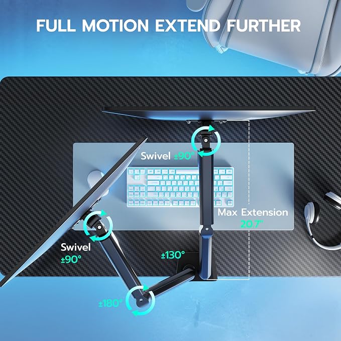 ARES WING Dual Monitor Mount for 17-35 inch Monitors, Black | Heavy Duty Monitor Arms for 2 Monitors, Fully Adjustable Monitor Desk Stand for Ultrawide Screen, VESA 75x75 or 100x100mm - Image 3