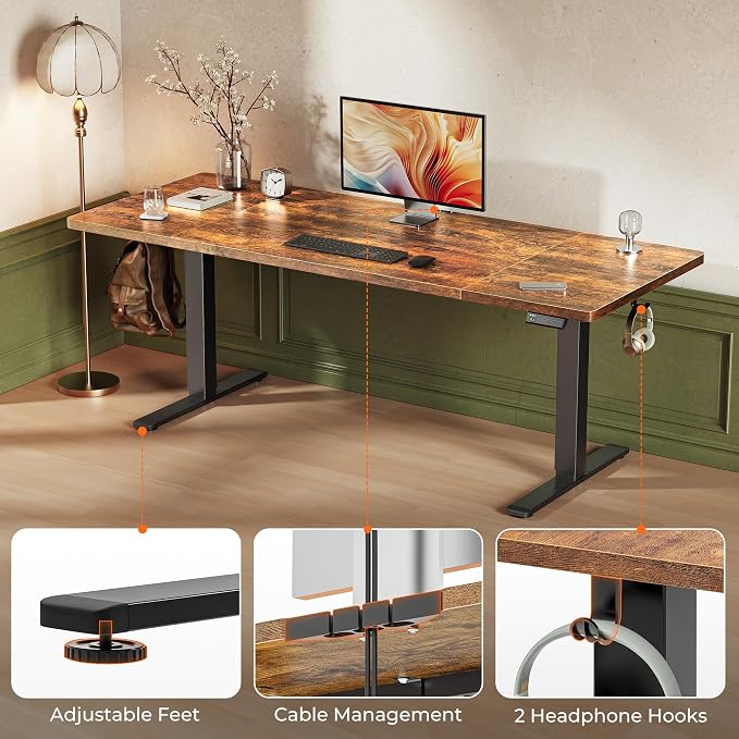 Huuger 71 x 30 Large Electric Standing Desk, Height Adjustable Computer Desk, 29.5" Deep Desktop, Stand up Gaming Office Table with 2 Hooks, 3 Preset Heights, for Home Office, Rustic Brown - Image 9