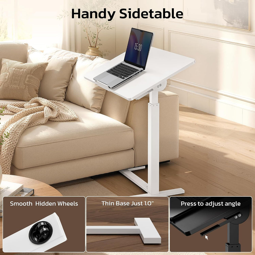 Mobile Standing Desk Adjustable Overbed Table, Pneumatic Height Adjustable Rolling Laptop Desk with Hidden Wheels, 0-180°Tilt Top Rolling Computer Cart Foldable for Home Office, Craft & Study, White - Image 6