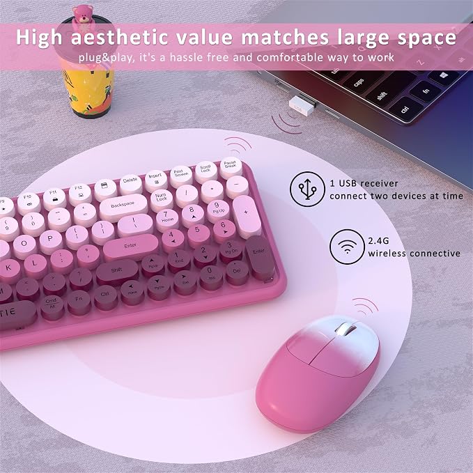 UBOTIE Wireless Keyboards and Mouse Combo (Rosy Gradient) | Colorful Gradient Rainbow Color Retro Typewriter Flexible Keyboard, 2.4GHz Connection and Optical Mouse for PC Wins Mac - Image 5