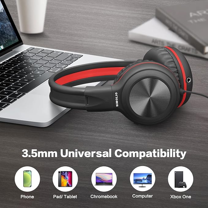 SIMOLIO Manyshare Series- Kids Wired Headphones with Microphone, Boys Headphone w/Volume Limit & Share Port, Headset with Cord for School, Travel, Airplane, Laptop, Tablet, PC, Teens, Adults (Black) - Image 6