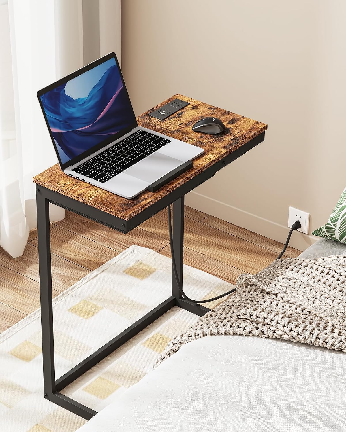 TUTOTAK Large C Shaped End Table, Side Table with Charging Station C Table - Image 2