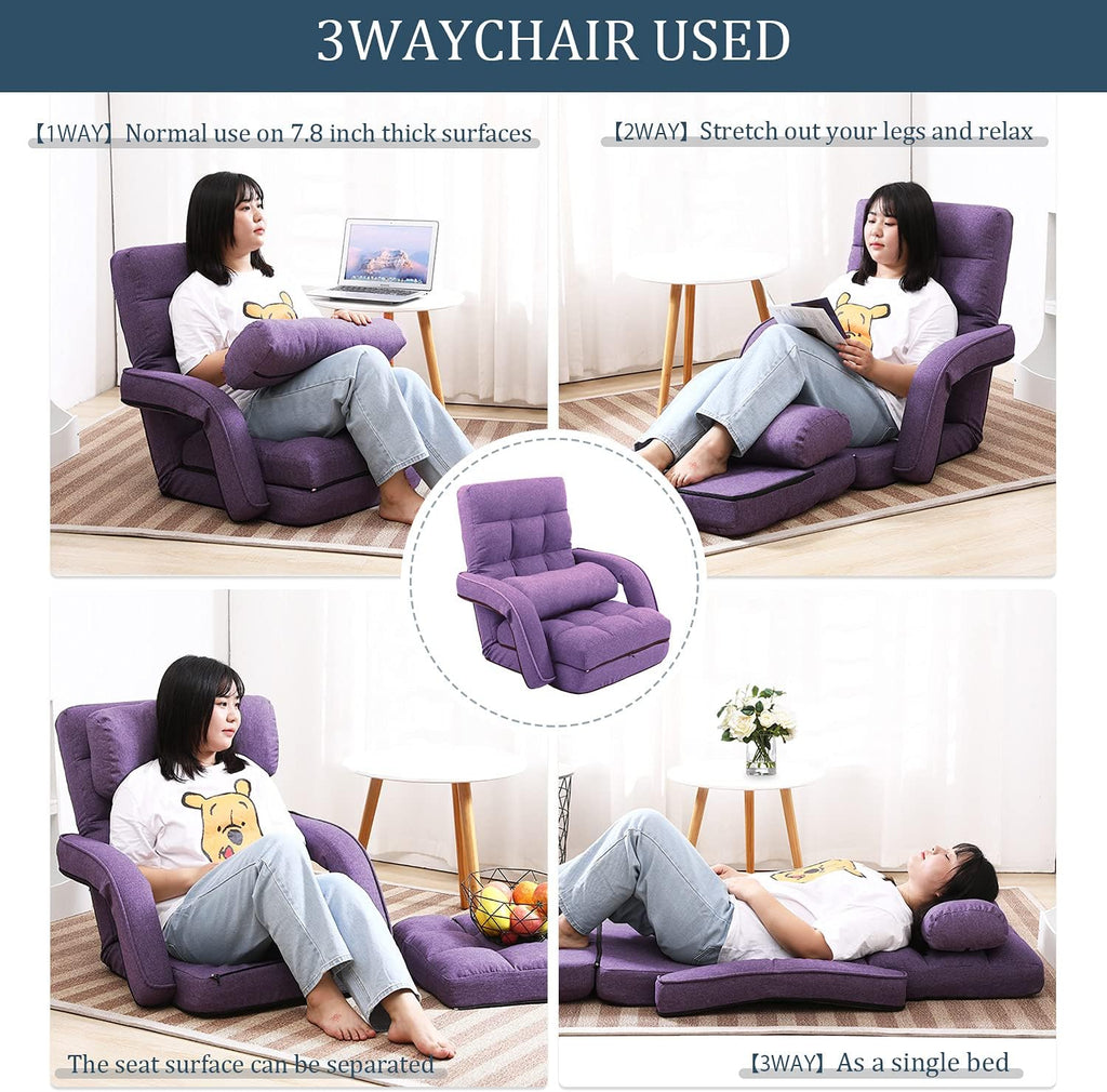 Floor Chair, Chaise Lounge Indoor, 14-Position Adjustable Folding Lazy Sofa with Armrests and a Pillow Padded Gaming Chairs for Living Room, Bedroom Factory Price (Purple) 8803PU - Image 6