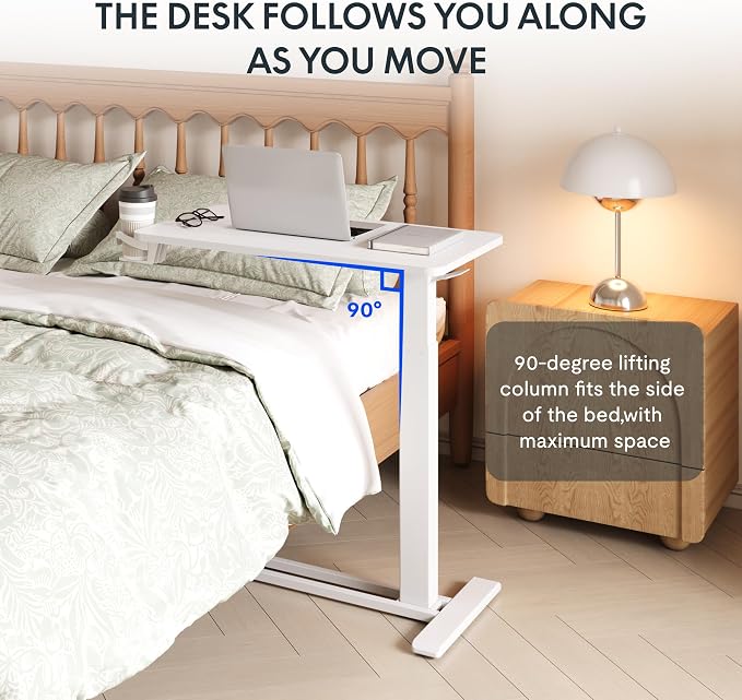 FLEXISPOT H7 32" Pneumatic Height-Adjustable Overbed Table with Wheels | C-shaped bedside table,Medical End Table,Rolling Cart TV Tray,Laptop desk for Hospital Home office use,31.5"Wx17.7"D,White - Image 10