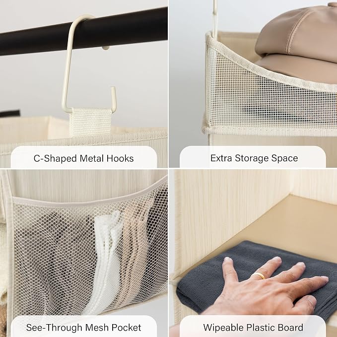 StorageWorks 3-Shelf Hanging Closet Organizer with Half Compartment, Ivory | Add More Storage to Small Closets with 3 Shelves, a Side Pocket and Half Compartment, Ideal for Bedrooms, Dorms and RVs. - Image 4