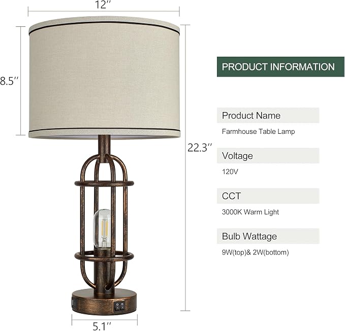 Reaketon Table Lamps for Living Room Set of 2, 22.3" Farmhouse Lamps for Nightstand, Industrial Table Lamps for Bedroom with USB Ports, Retro Bronze - Image 8