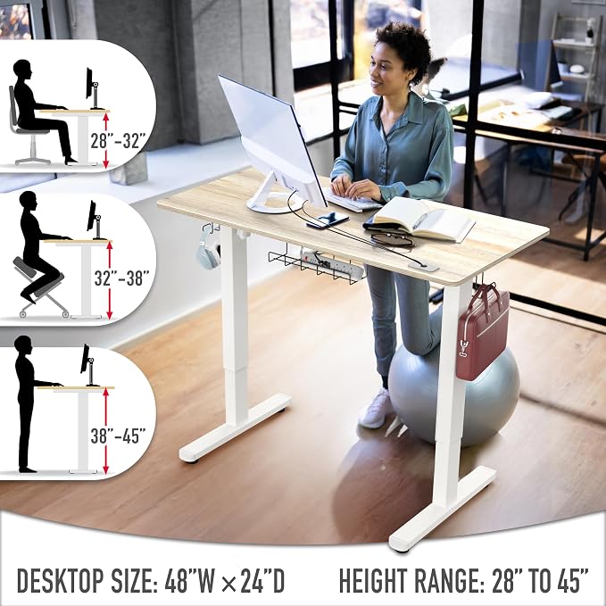 SHW 48-Inch Electric Height Adjustable Standing Desk w/Drawer, Maple | w/ Memory Presets and Cable Management | Drawer with adjustable compartments | Hanging Hooks - Image 5
