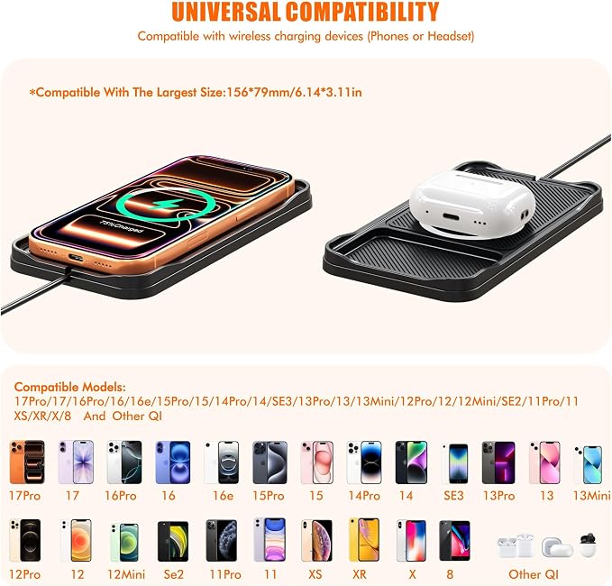 Wireless Car Charger,15w Fast Car Wireless Chargers Charging pad Non Slip Charger for Car Wireless Phone Charger for iPhone 17/16/15/14/13/12 Pro, SE3/SE2/XS/X/XR/8, 100cm Cable - Image 8
