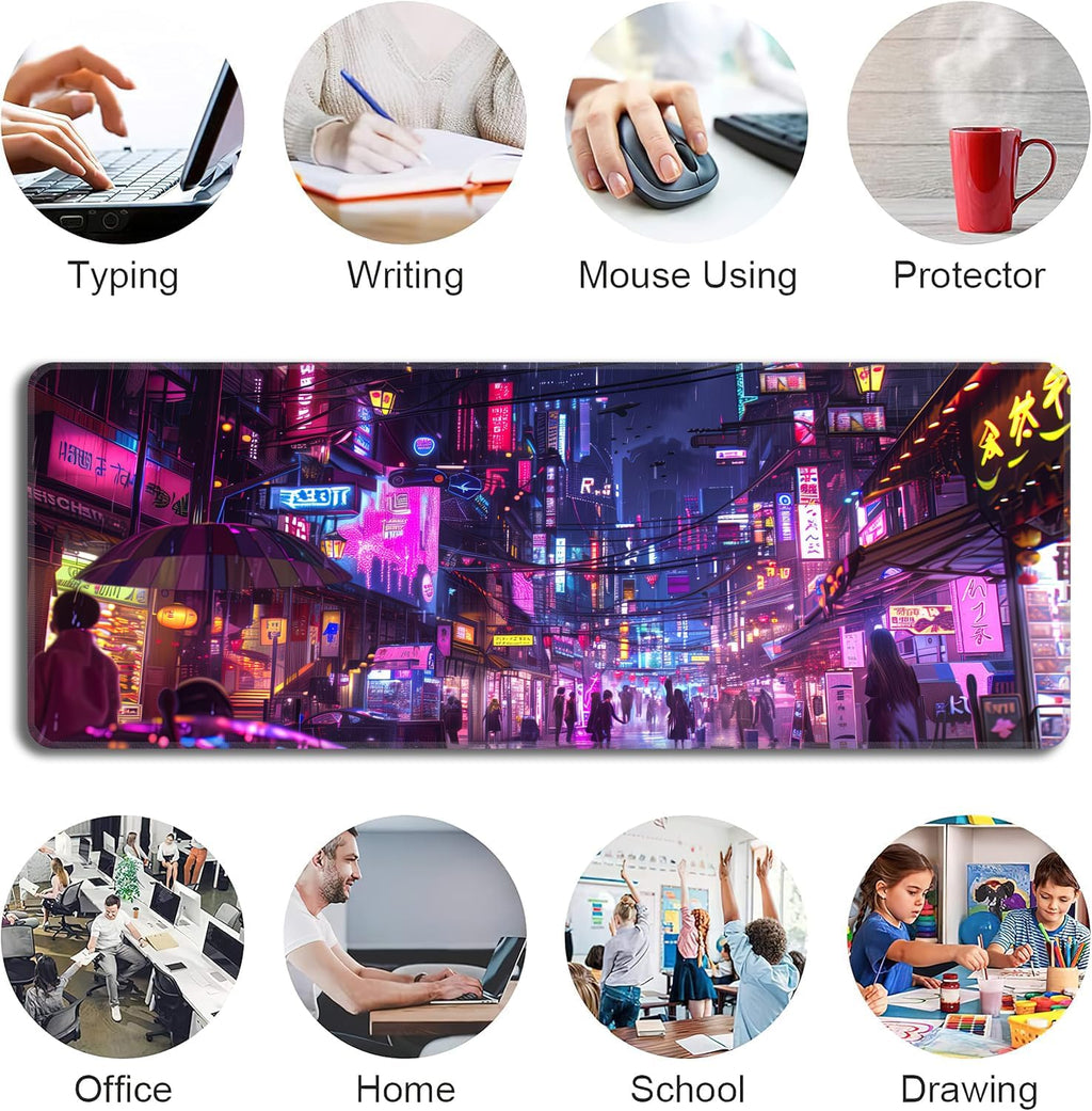 Cyberpunk Mouse Pad,XL 31.5"x11.8" Big Gaming Mousepad,Japanese Streets Large Extended Mouse Mat,Non-Slip Rubber Base Waterproof with Stitched Edges for Gaming Office Home - Image 6