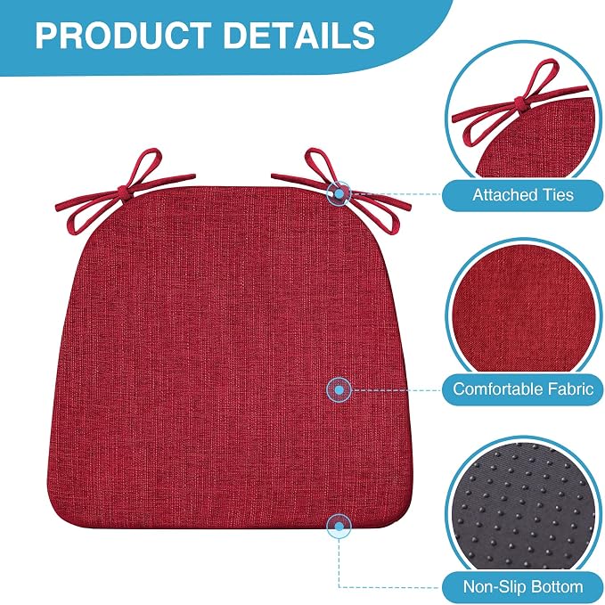 IASEAHK Chair Cushions for Dining Chairs Set of 6, Non Slip Kitchen Chair Pads, 17" x 16" x 2", Indoor Dining Chair Cushions with Ties, D-Shaped Seat Cushions for Kitchen Chairs, Red - Image 2