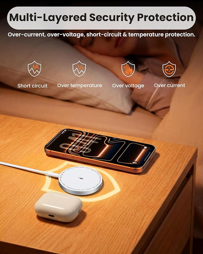 MagSafe Charger Magnetic Wireless Charging iPhone 17-12 & Airpods Series | [Apple MFi Certified]Aluminum Alloy Heat Dissipation, Strong Magnet, 5FT Long Cable Reach in Desk & Bedside, with 20W Adapter - Image 4