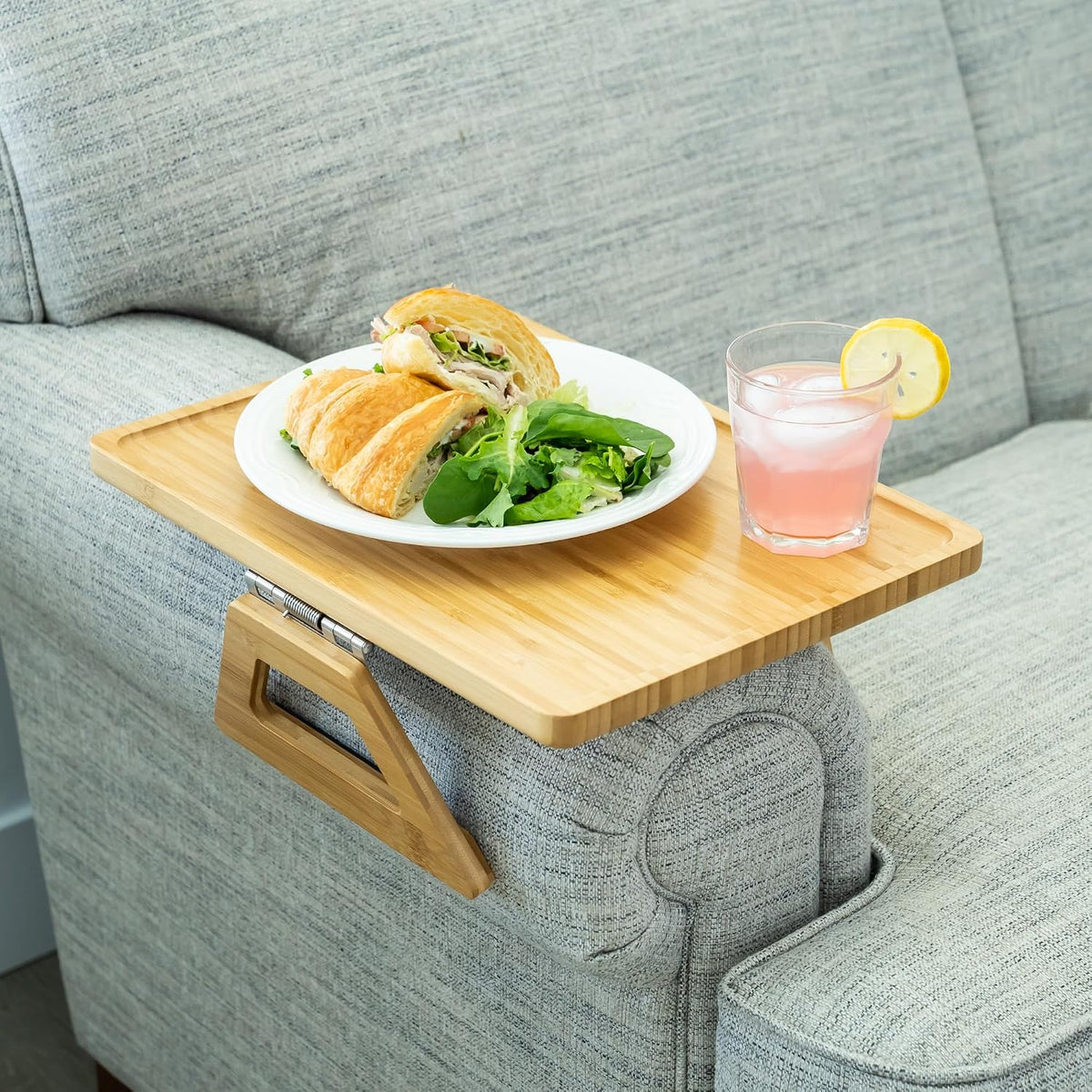 Bamboo Trayble Couch Arm Table, Clip On Tray Sofa Table for Couches. Sofa Arm Tray for TV Dinners, Remotes, Drinks, Snacks and Small Spaces - 15.75 x 11inch, Beige - Image 7