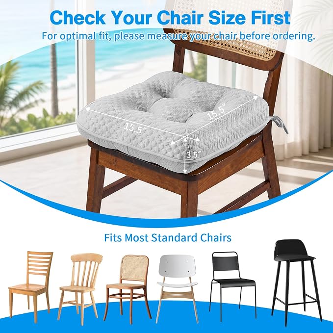 BETU Cooling Chair Cushions Set of 4, 3.5” Thick Seat Cushions, Breathable Comfort Fabric Chair Pads with Non Slip Bottom & Ties, Soft Support Cushion for Kitchen, Office, Patio,15.5"X15.5"X3.5"Gray - Image 4