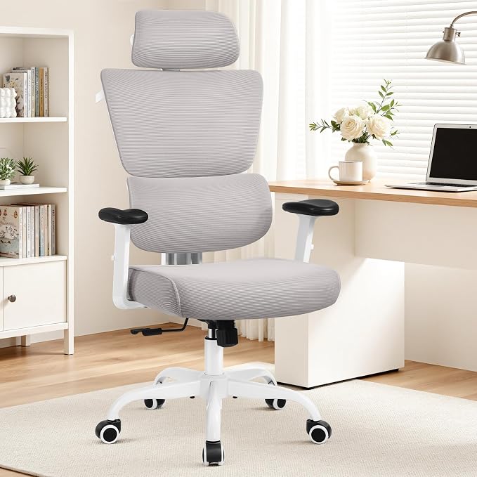 Ergonomic Office Chair High Back Desk Chair with Lumbar Support, Breathable Mesh Computer Chair with Adjustable Armrests Height, Reclining Swivel Big and Tall Gaming Chair for Home Office(Gray) - Image 9