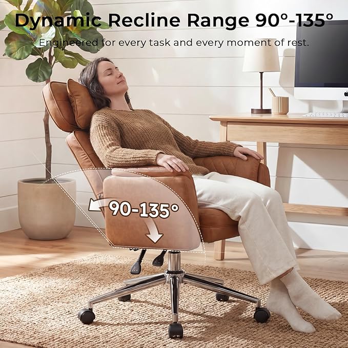 Big and Tall Ergonomic Office Chair, Criss Cross Desk Chair with Pivot Arms | High Back Executive Leather Chair with Spring Seat, Wide Computer Gaming Chair for Home, Makeup & Bedroom, Brown, 49.6”H×22”W - Image 6