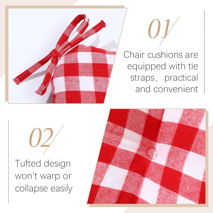 Geetery 4 Pack Chair Cushions with Ties for Kitchen, Red and White, Plaid - Image 2