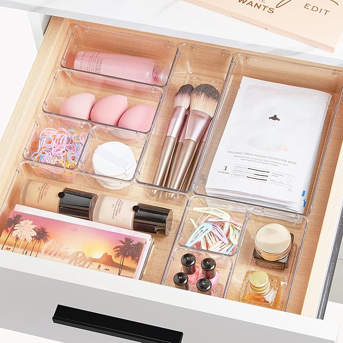 Vtopmart 44 PCS Clear Plastic Drawer Organizers Set, Vanity Organizer Trays | 4-Size Versatile Makeup Organizer, Non-Slip Storage Containers for Makeup, Jewelries, Bedroom，Kitchen Utensils and Office - Image 3