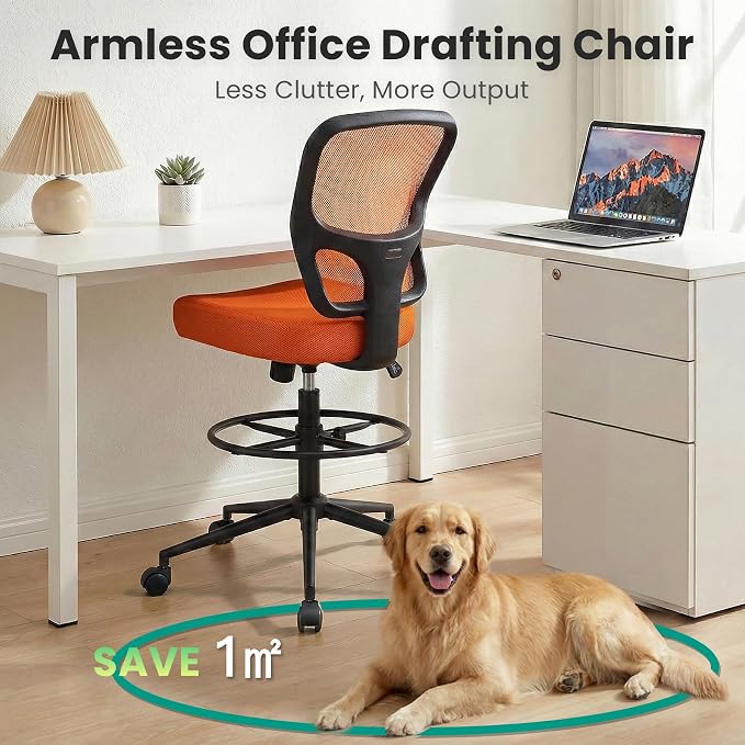 Armless Drafting Chair Tall Office Chair for Standing Desk - Adjustable Height Mesh Ergonomic Drafting Stool with Foot Ring & Wheels, Rolling Counter Height Computer Chair for Home Office - Image 7