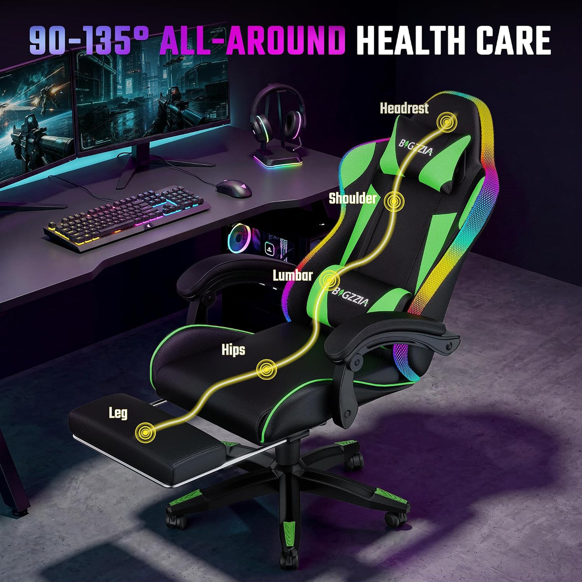 Bigzzia RGB Gaming Chair with Footrest, Lumbar Massage for Adult/Kid（Green） - Image 6