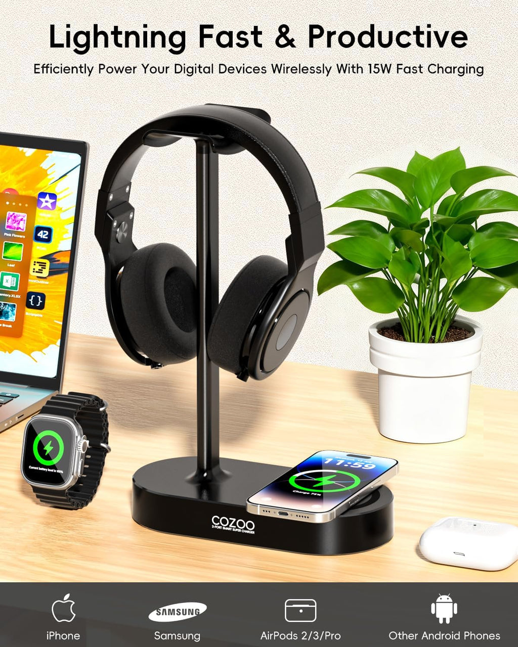 Headphone Stand with Fast Wireless Charging Pad and 2 USB Charging Ports, Suitable for Gaming, DJ, Wireless Earphone Accessories - Image 3