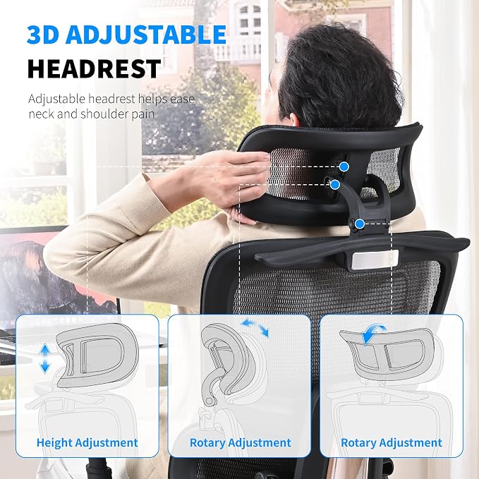 Mesh Ergonomic Office Chair with Footrest, Black | High Back, Lumbar Support, Adjustable Headrest and Armrests, Gaming Chair,Home Office Desk Chair - Image 4