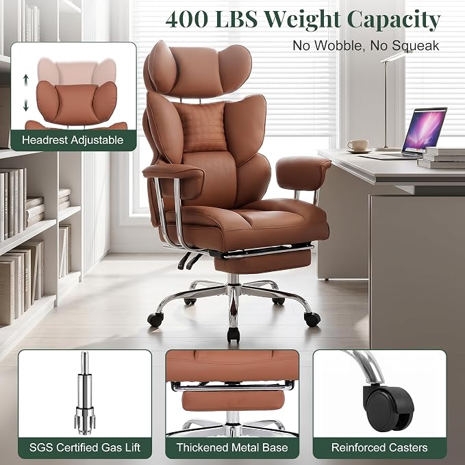 Big and Tall Office Chair 400 LBS, for Adults, Home Office | PU Leather, Executive Ergonomic Desk Chair with Footrest, Lumbar Support, Wide Seat ,Reclining, Brown - Image 8